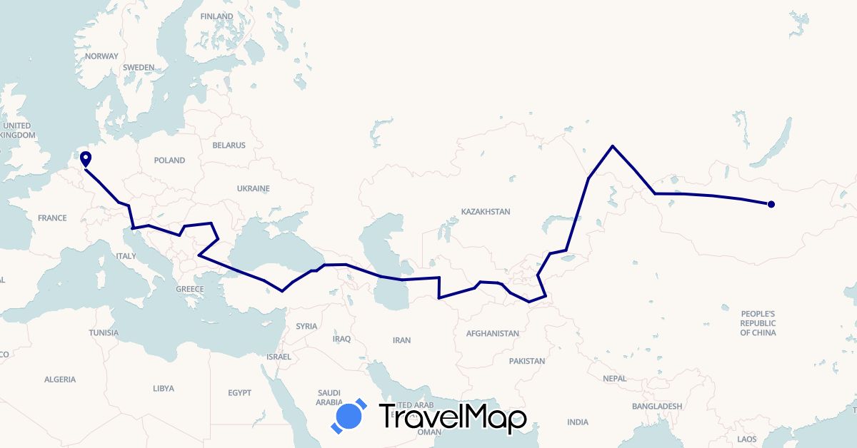 TravelMap itinerary: driving in Austria, Azerbaijan, Bulgaria, Germany, Georgia, Croatia, Italy, Kyrgyzstan, Kazakhstan, Mongolia, Romania, Serbia, Russia, Slovenia, Tajikistan, Turkmenistan, Turkey, Uzbekistan (Asia, Europe)